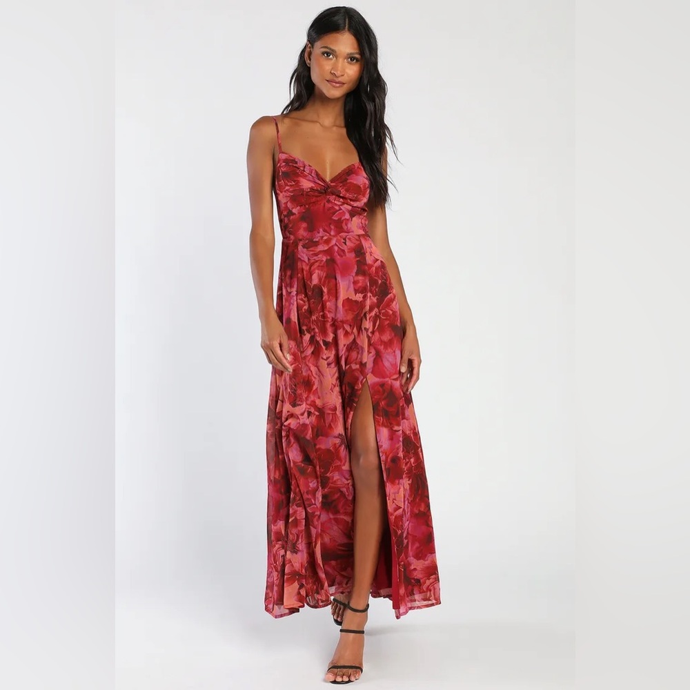Beautiful Soul Burgundy Floral Print Twist-Front Maxi Dress